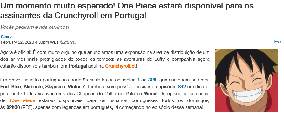 Mais temporadas de One Piece em Portugal na Crunchyroll